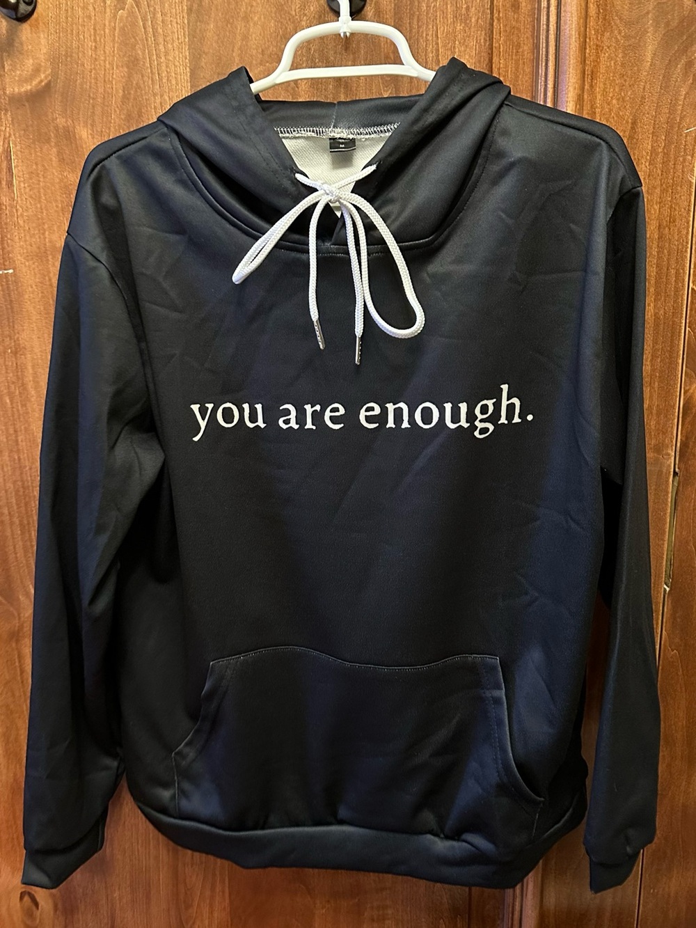 Black "you are enough." Hoodie with White Drawstrings